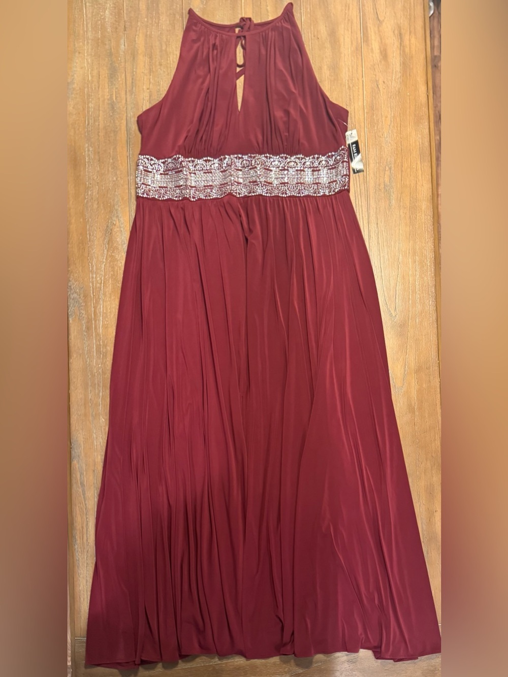 R&M Richards Burgundy Maxi Dress with Beaded Waist